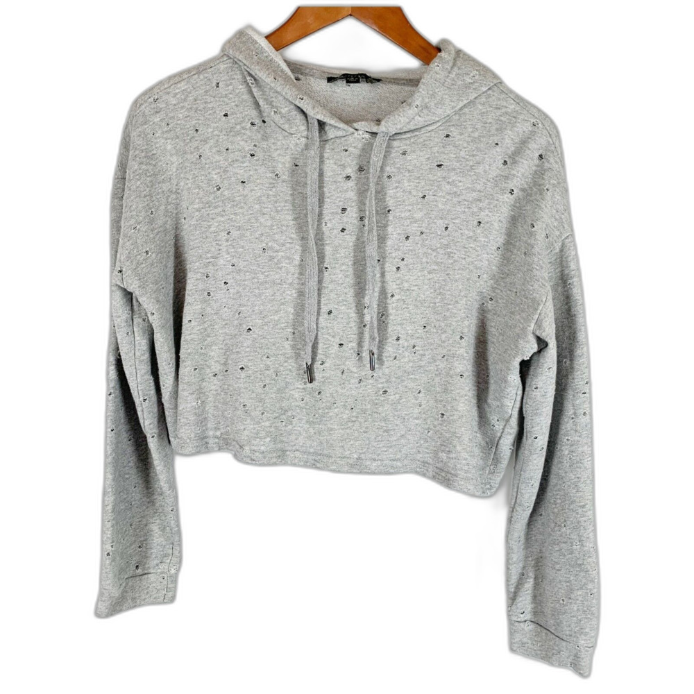 Iris Hoodie Top L Gray Long Sleeve Cropped Knit French Terry Distressed Grunge
